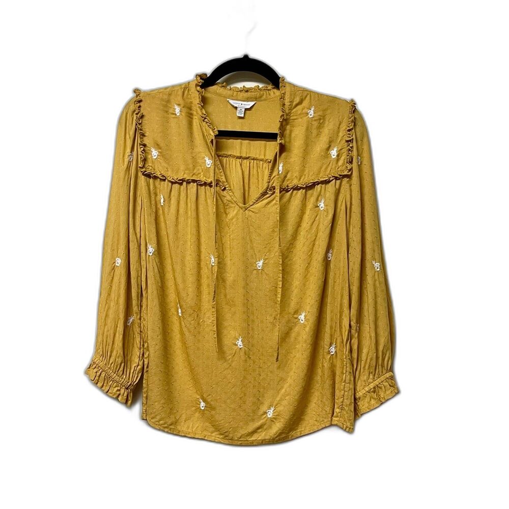 LUCKY BRAND Mustard Embroidered Long Sleeve Boho Blouse, Sz M